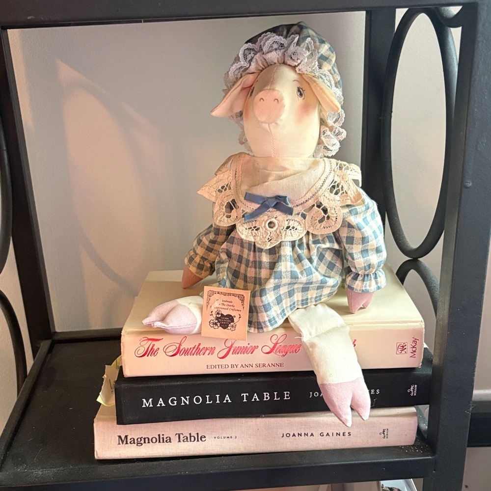 Charming Blue and Cream Gingham Pig Doll